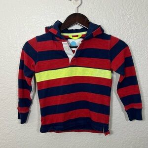 Mini Boden Striped Rugby Hooded Long Sleeve Top Red Navy Blue Kids Size 6-7Y